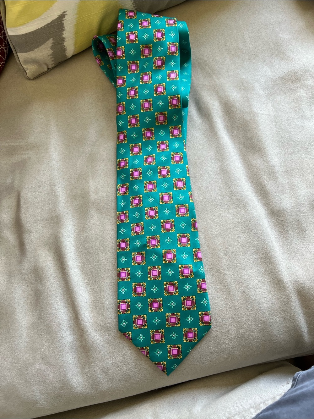 Versace Green Silk Tie with Pink and Gold Geometric Motif